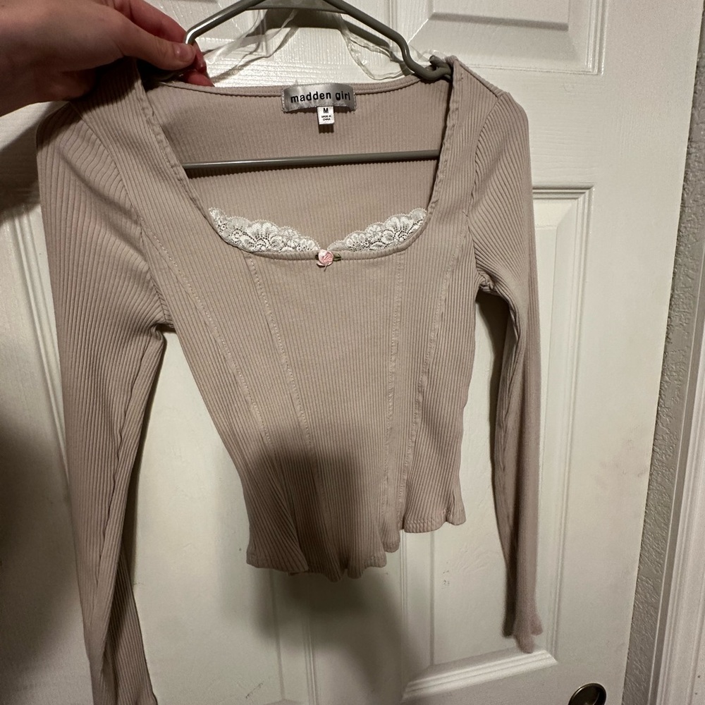 Madden Girl Taupe Long Sleeve Top with Lace